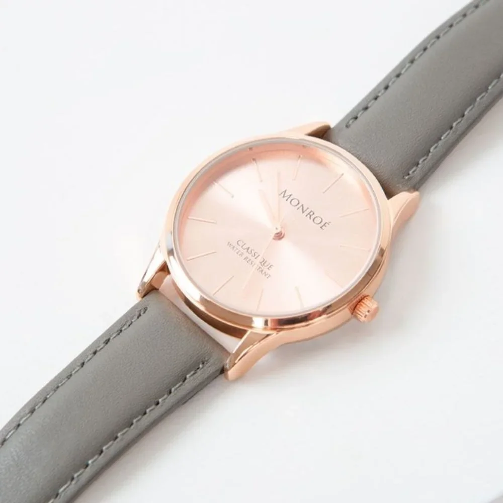 Monroe SOLÉROSE Watch Rose Gold CHARCOAL LEATHER Strap Unisex NWT - Picture 2 of 5
